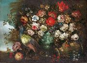Andrea Boscoli Stilleben med blommor och pafagel Spain oil painting artist